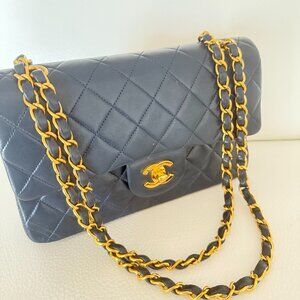 CHANEL Navy / black Timeless Classic Double Flap Quilted Shoulder Bag crossbody